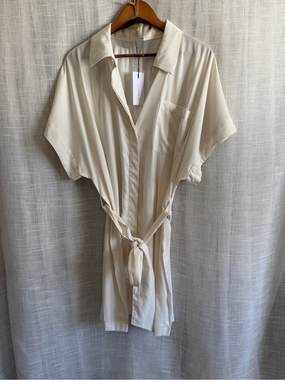 Dynamite Cream Tie-Waist Shirt Dress